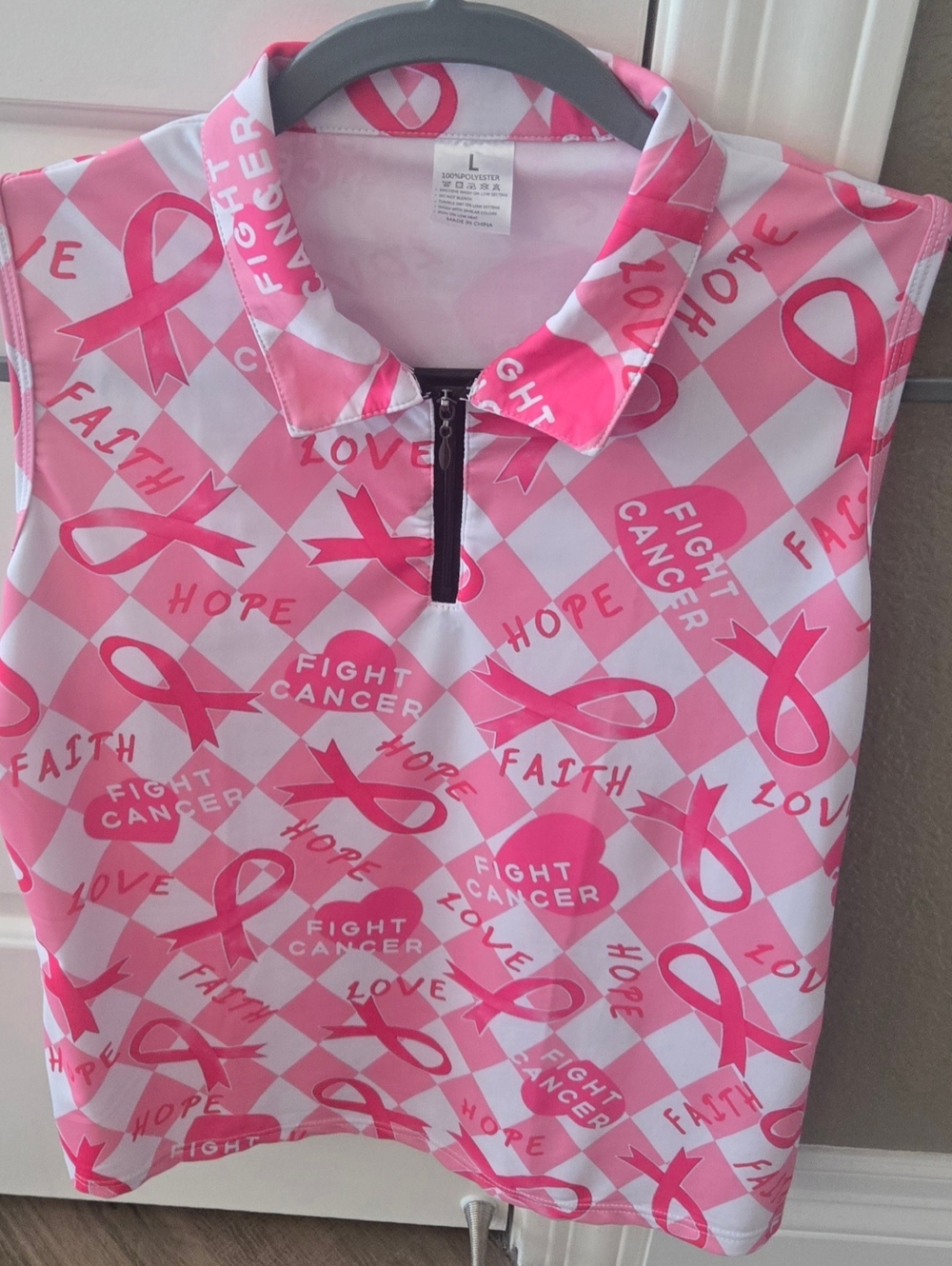 Inspirational Breast Cancer Awareness Golf Racerback Top. Pink Ribbon. Size LG.